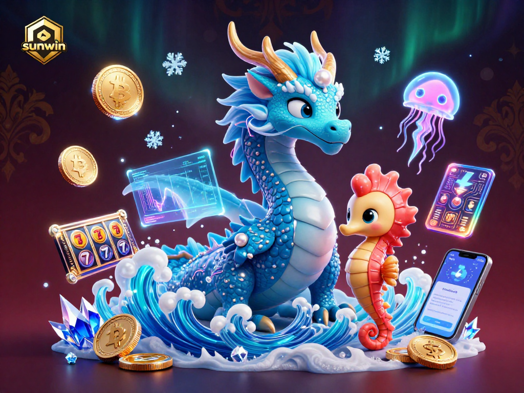 sunwin slots scene featuring a water dragon, seahorse knight, and neon jellyfish