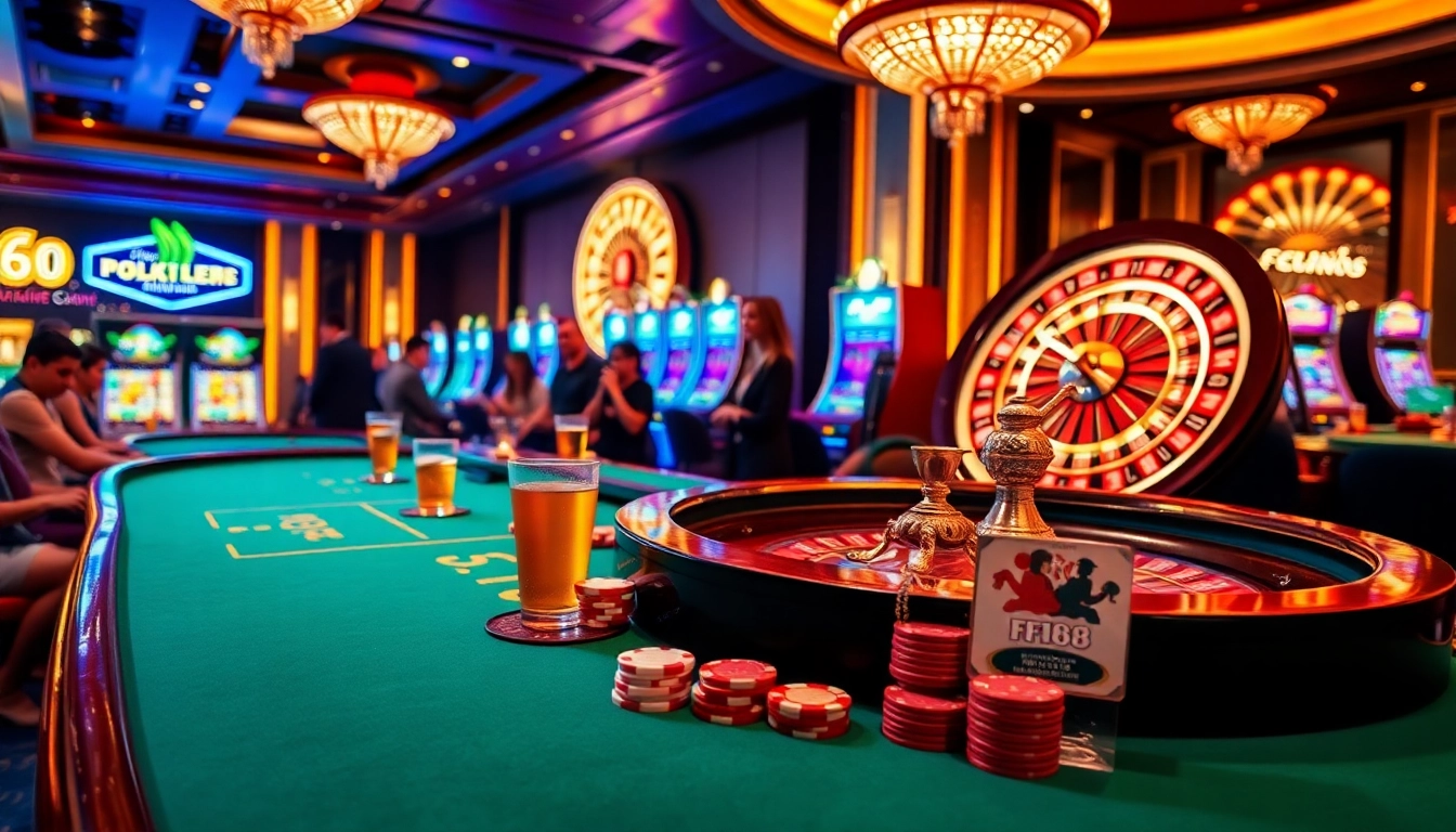 Experience high-stakes gambling at the F168 casino featuring vibrant tables and slot machines.