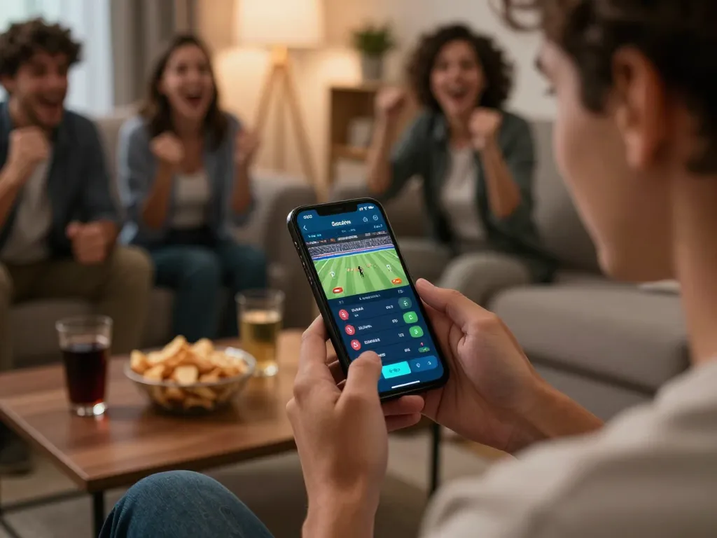 Socolive user placing live bets on smartphone while enjoying casual atmosphere in cozy living room.