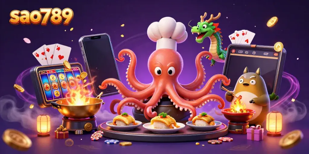 Engage with the thrilling world of sao789 through a vibrant 3D casino illustration showcasing an octopus chef and a dragon.