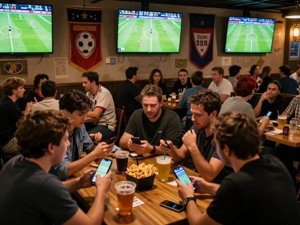 Fans enjoying live football vip in a sports bar while placing bets and cheering