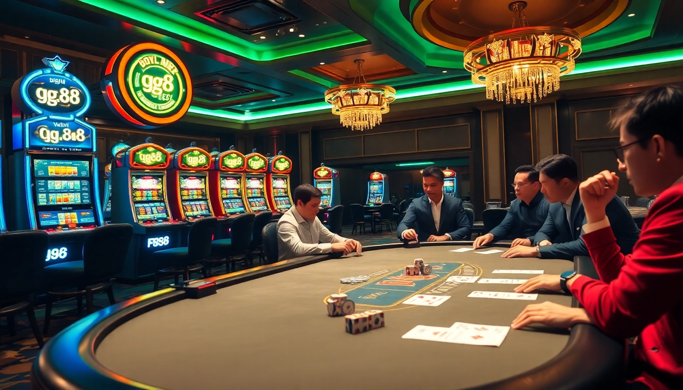 Experience the thrilling atmosphere of gg.88 with engaged players at luxurious casino tables filled with rich colors and excitement.