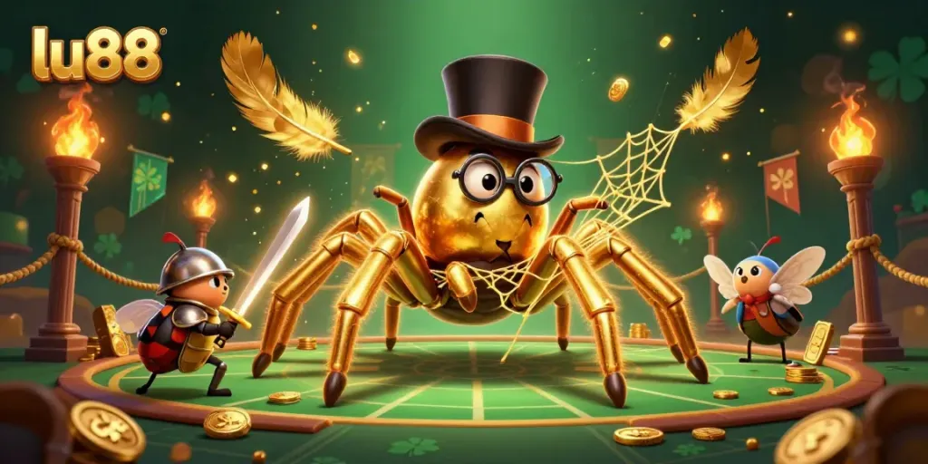 Engage with LU88's exciting casino world featuring a golden tarantula and beetle knight in an energetic gambling scene.