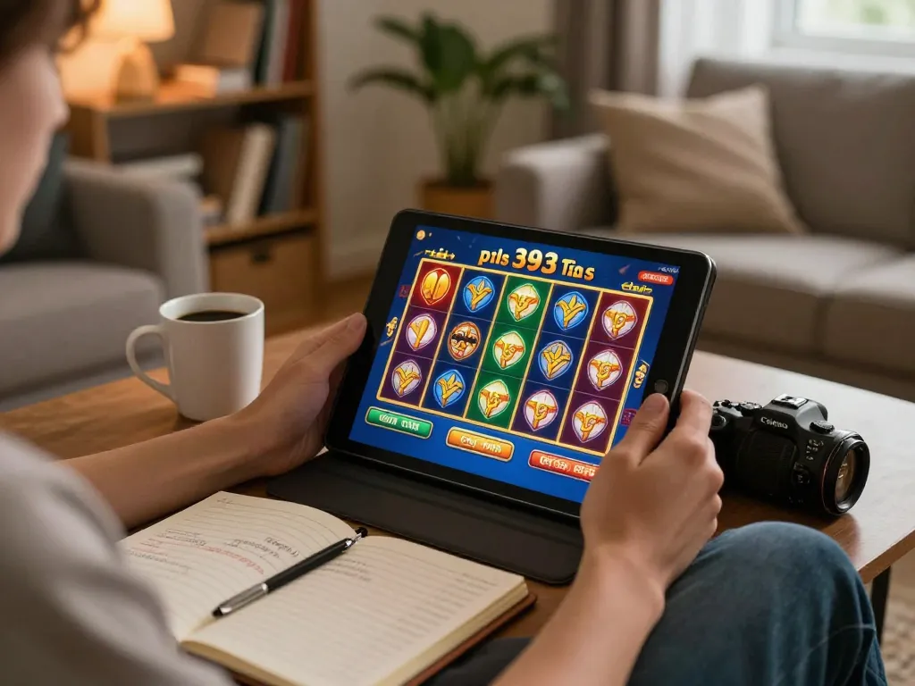 Engaging home gaming session on ph33 showcasing vibrant slot gameplay on a tablet.