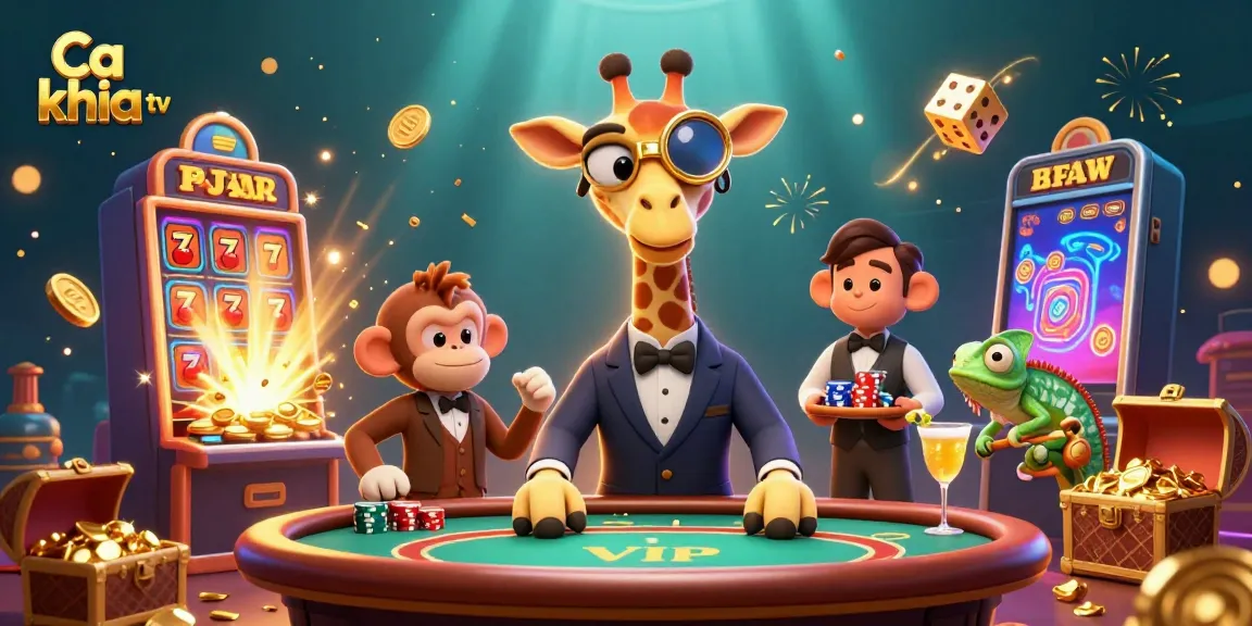 Win big with Ca khia tv's vibrant 3D casino scene featuring a giraffe in a tuxedo.