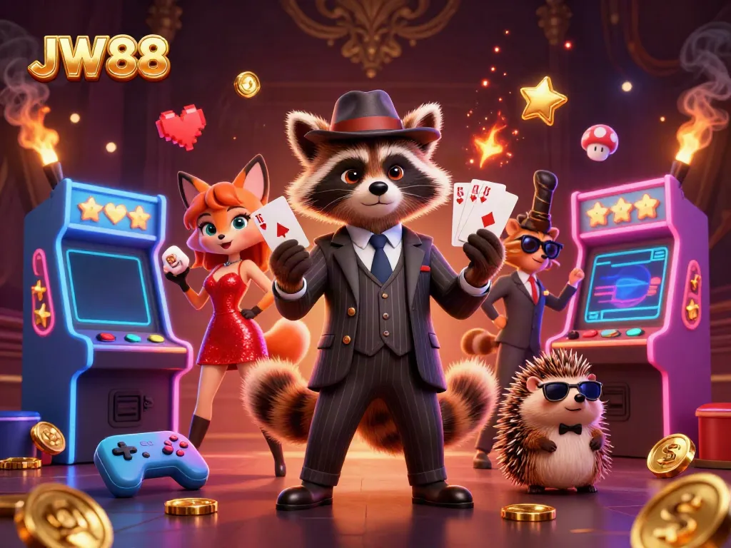 Experience exciting gameplay at JW88 with a raccoon holding a royal flush hand in a vibrant casino scene.