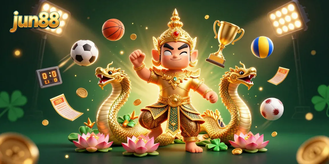 Experience thrilling sports betting at jun88 with golden trophy cups, vibrant sports balls, and guardian characters.