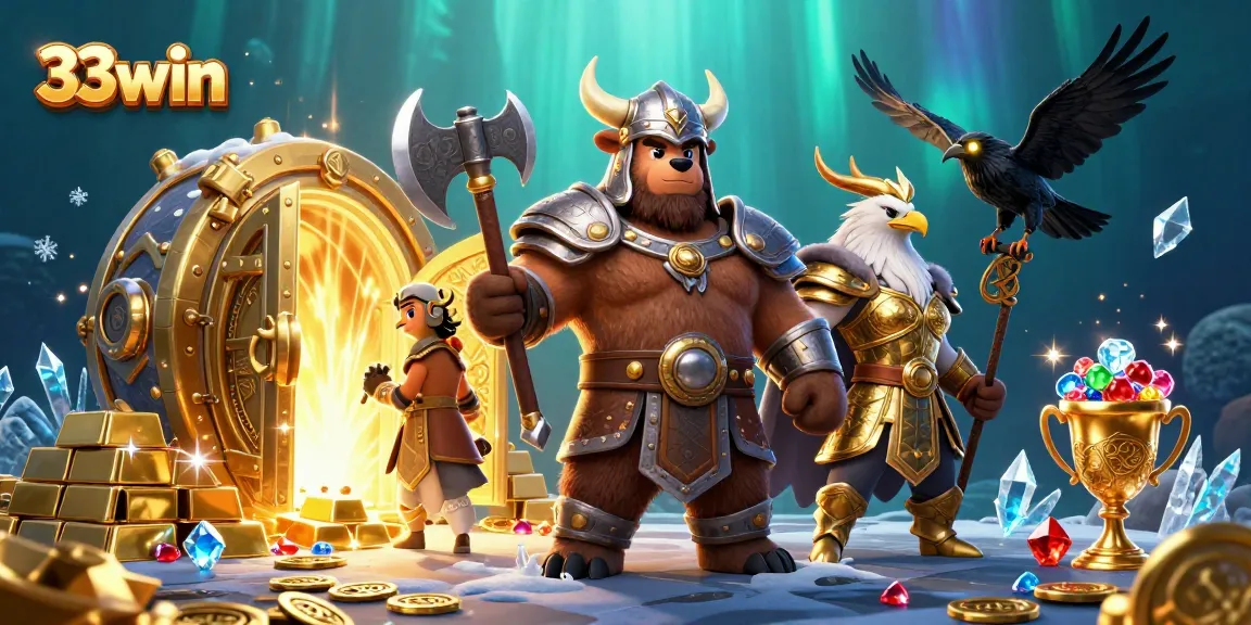 Join the excitement at 33win with a captivating casino theme featuring cartoon heroes and treasures.