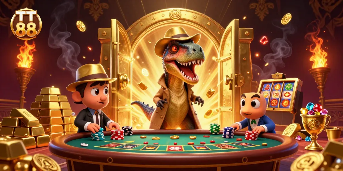 TT 88 brings excitement as a velociraptor card counter interacts with a stegosaurus pit boss in this vibrant casino scene.