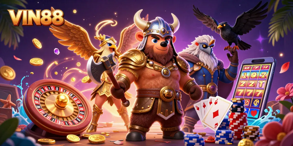 Experience thrilling casino action with VIN88 in this vibrant 3D cartoon illustration featuring iconic gambling elements.