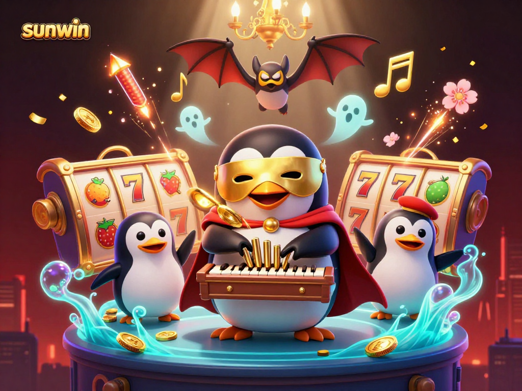 Engage with sunwin's vibrant 3D casino scene featuring vibrant characters, slot reels, and dynamic fireworks.