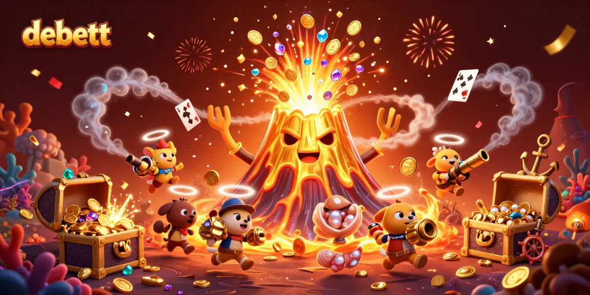 Experience the excitement of debett with a golden volcano erupting treasures amidst casino-themed elements.