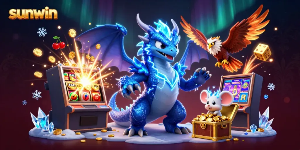 Experience thrilling games with sunwin's dynamic colorful casino illustration showcasing jackpots and playful mascots.