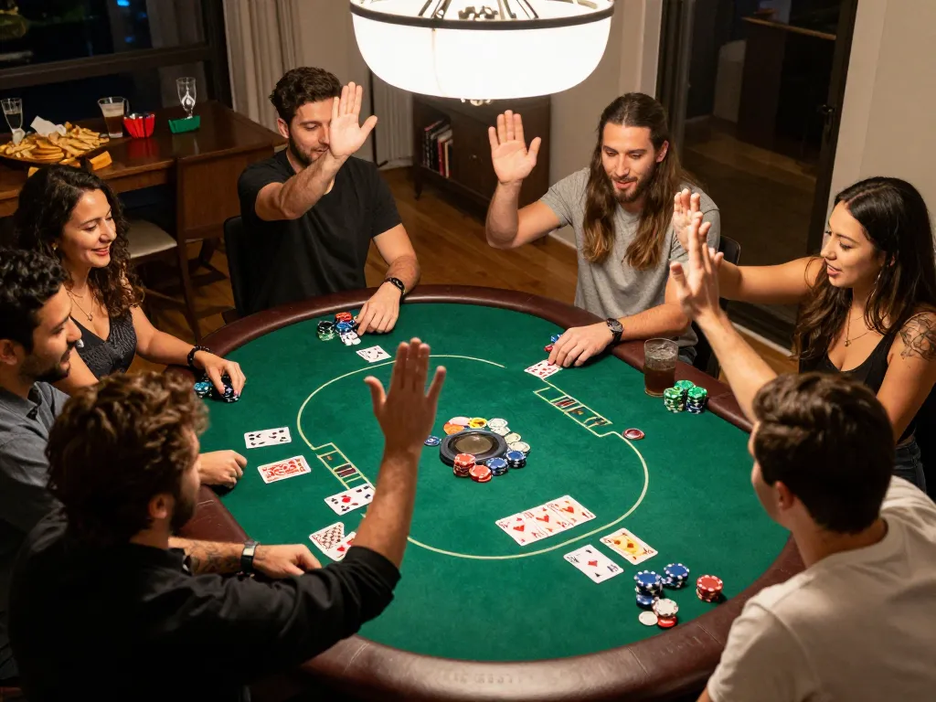 Friends enjoy a thrilling poker night at home, showcasing GG88 themed strategic gameplay with excitement