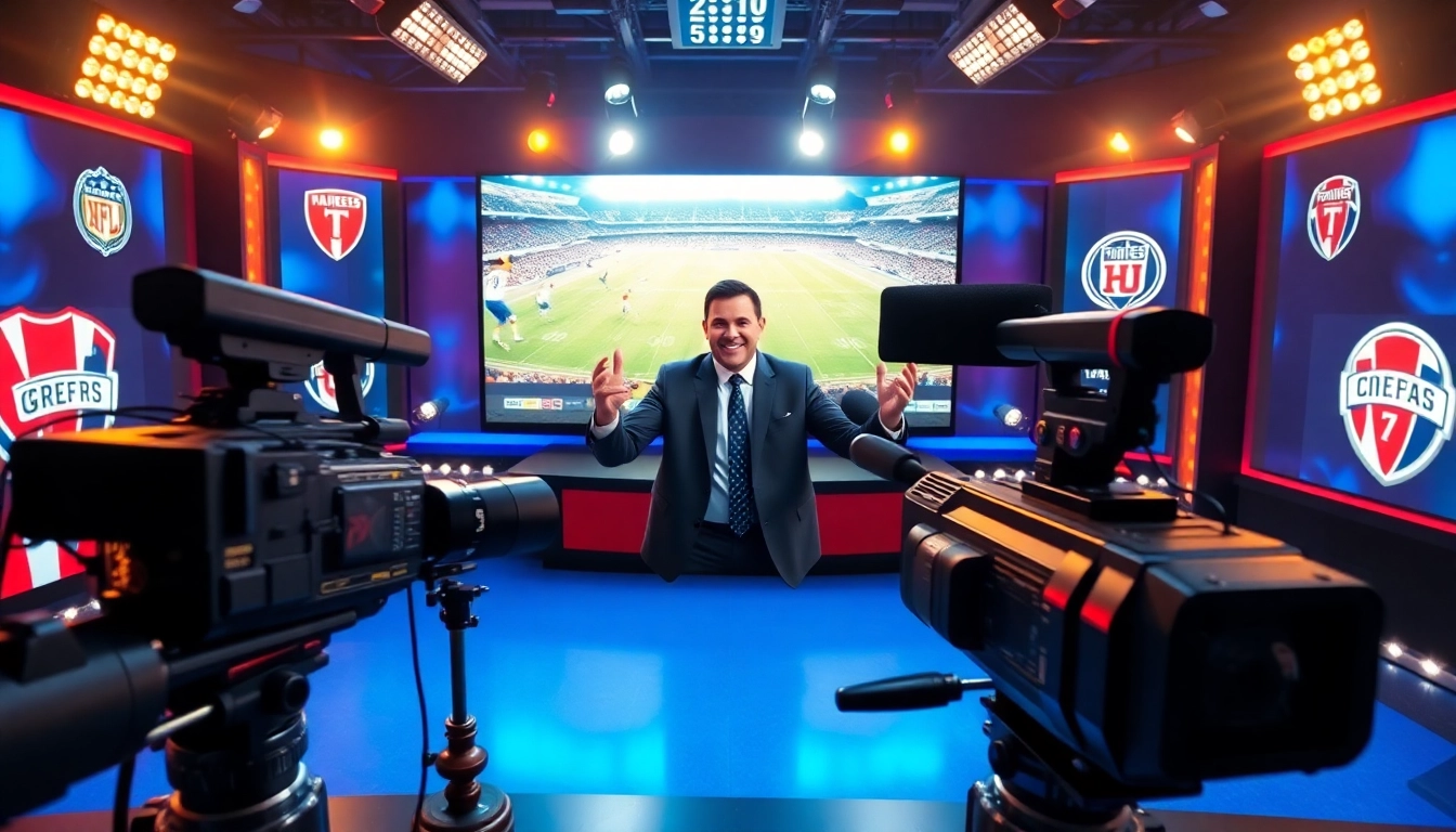 Engaging scene of sports broadcasting studio showcasing live sports highlights and vibrant energy.