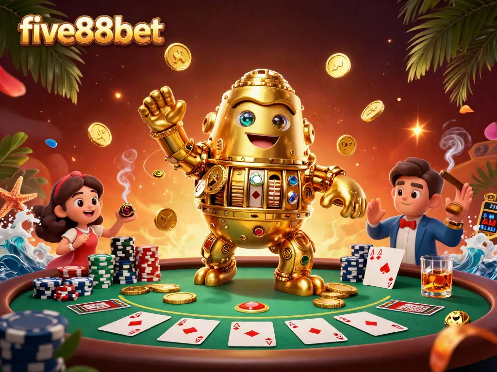 Experience the excitement of gaming at five88bet with a dynamic poker scene featuring a golden golem and vibrant casino elements.