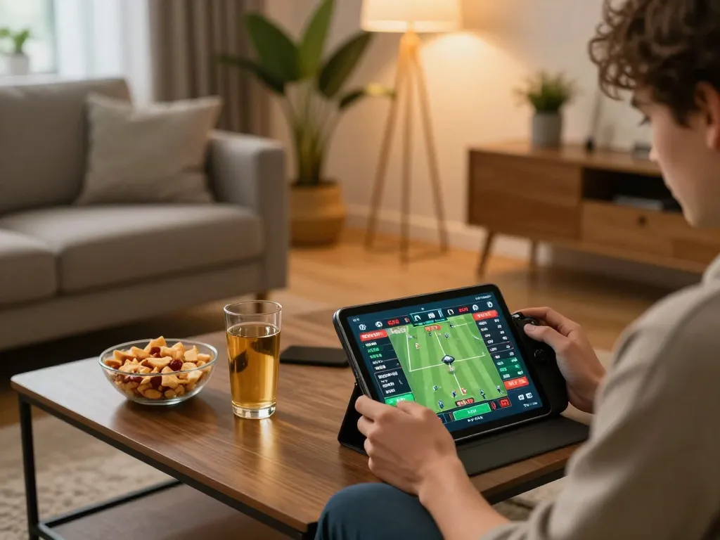 Person actively using the 11bet app for sports betting on a tablet, cozy home atmosphere with snacks
