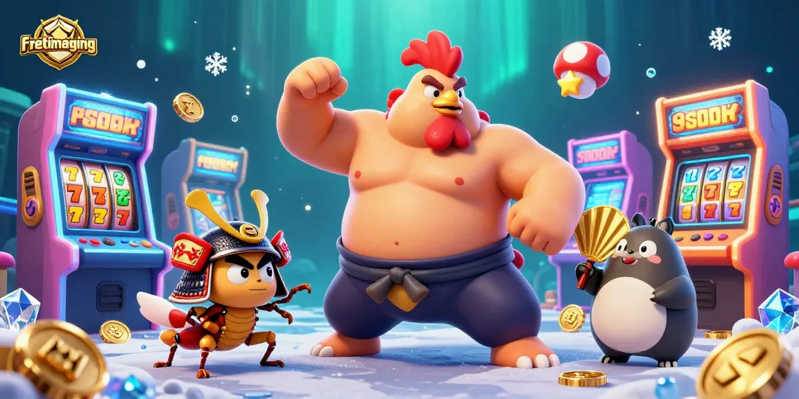 Engage in thrilling gameplay with fretimaging, featuring a powerful sumo rooster amid a vibrant casino scene.