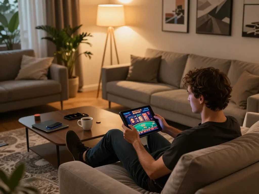 Players engage with the LC88 online casino interface on a tablet, highlighting strategic gameplay.