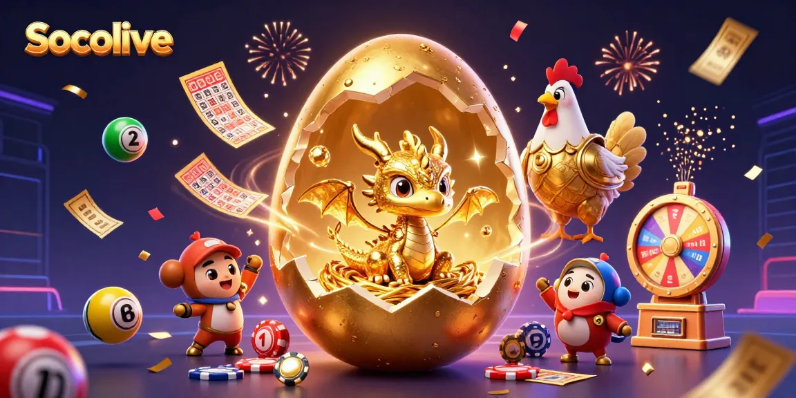 Socolive's vibrant casino scene featuring a golden dragon amidst lottery elements