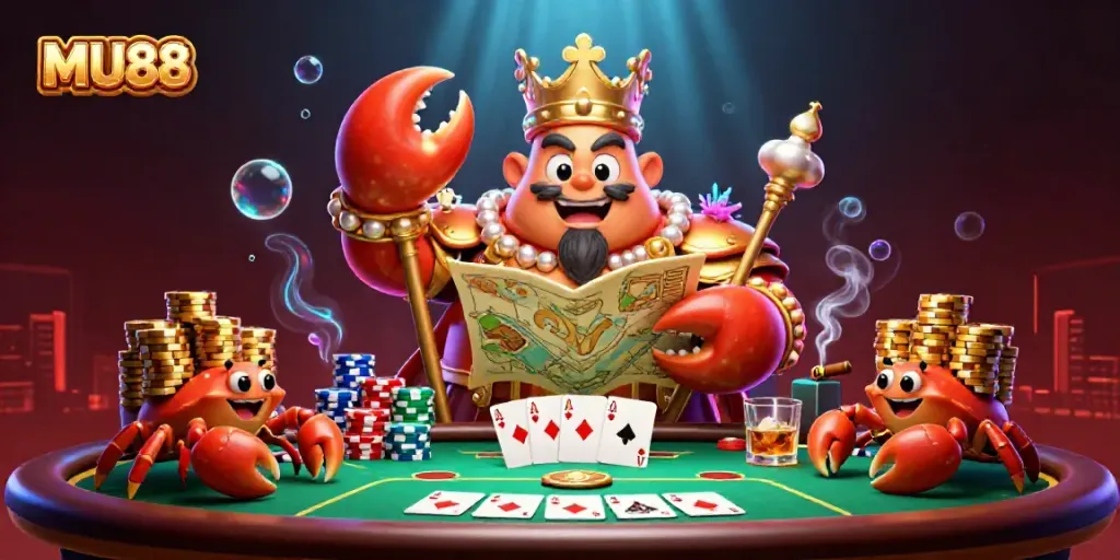 Engage in thrilling poker games at MU88 with the Golden Crab Emperor in a vibrant casino setting.