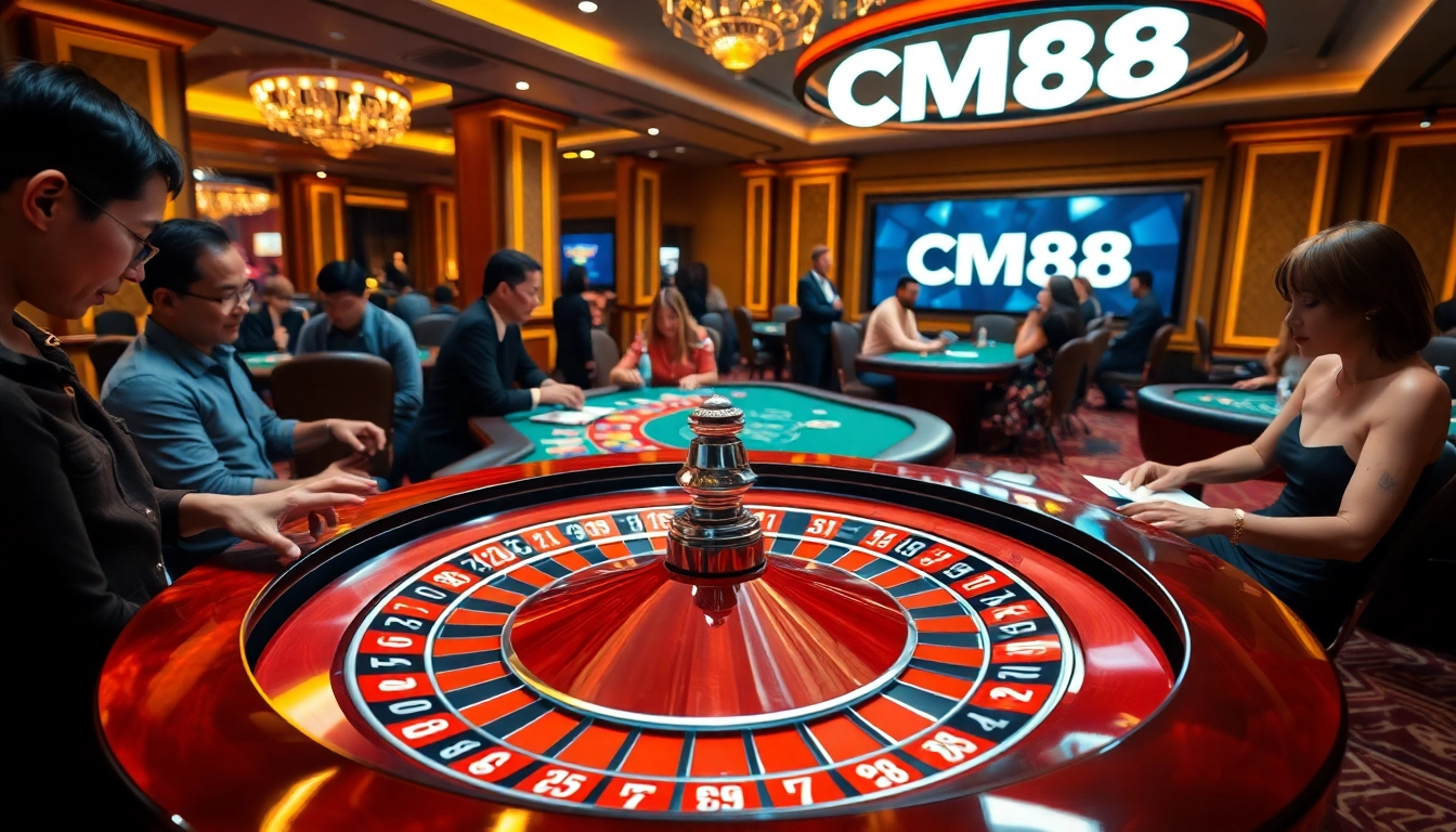 Exciting casino scene with gamblers engaged in betting at CM88 roulette and poker tables.