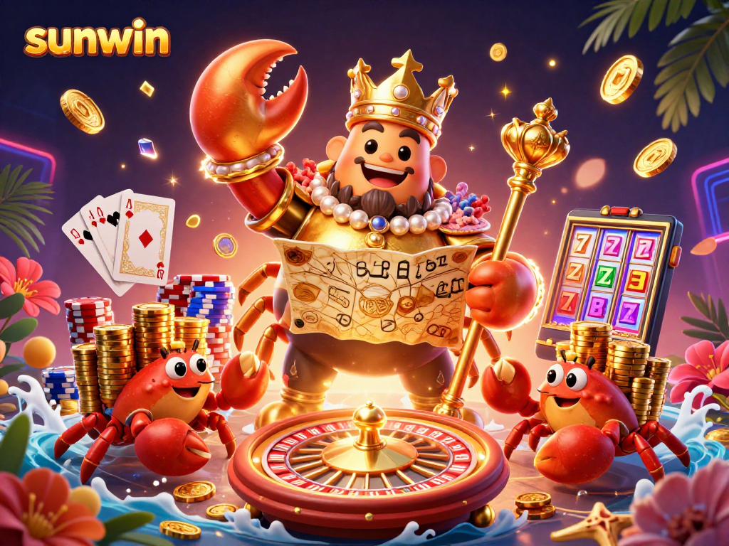 Engage with the vibrant sunwin casino scene showcasing a golden crab emperor and riches.