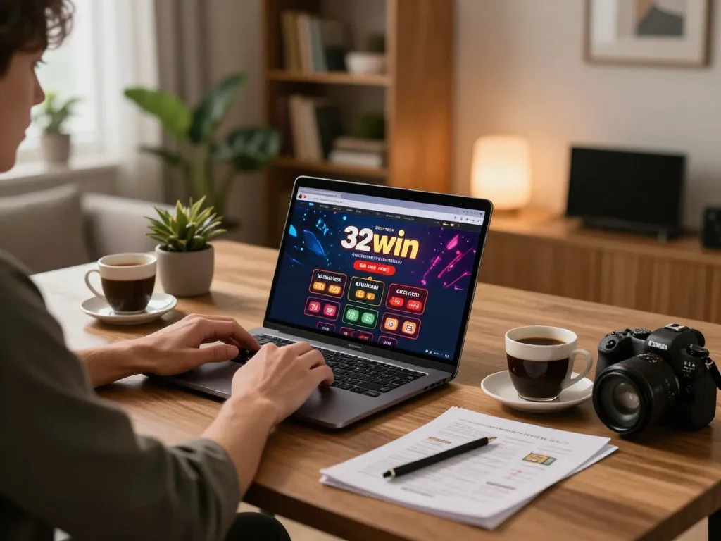 Engaging online gaming scene with a player using 32win platform at home, showcasing strategic setup and cozy atmosphere.