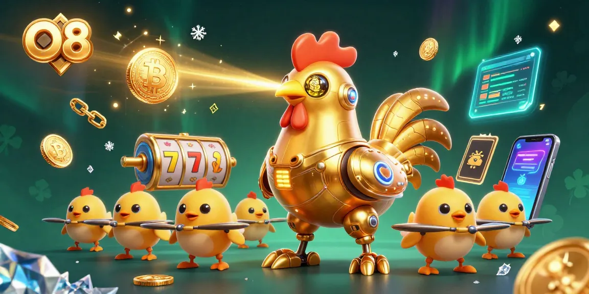 Engage in thrilling gameplay at O8 with the golden rooster and baby chick drones amid vibrant slot machine elements.