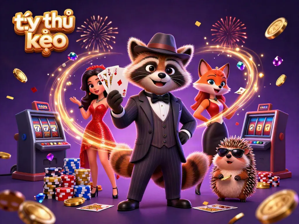 Bet big with tỷ lệ kèo! A playful raccoon and companions celebrate wins in a vibrant casino scene.