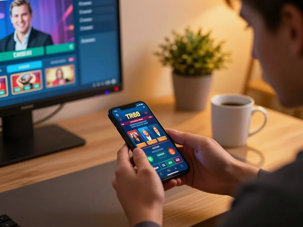 Experience TR88 online gambling action through a smartphone, showcasing vibrant casino app.