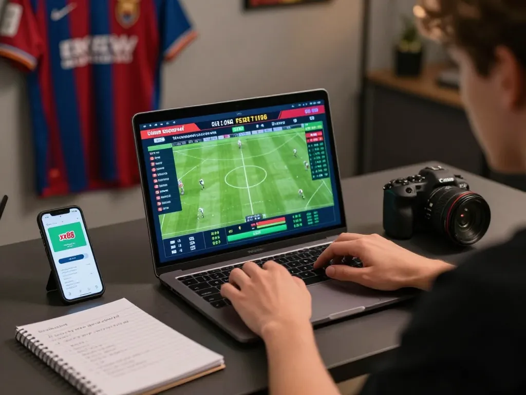 Engaging user accessing live betting on link xx88 with laptop and smartphone in a cozy setup