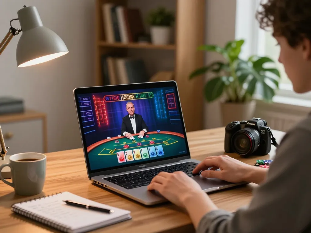 vin88 player enjoying live dealer blackjack game on laptop at home, warm ambiance and strategic notes visible