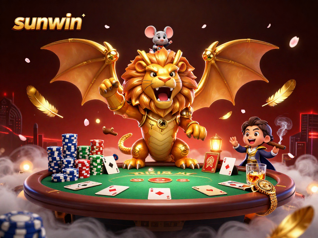 Experience sunwin's vibrant poker scene with a chimera and mouse jockey amid rich casino elements.