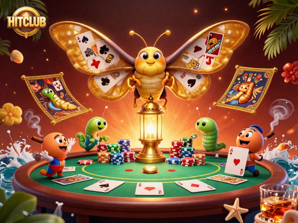 Engage with HITCLUB's vibrant casino scene featuring majestic moth and poker elements.