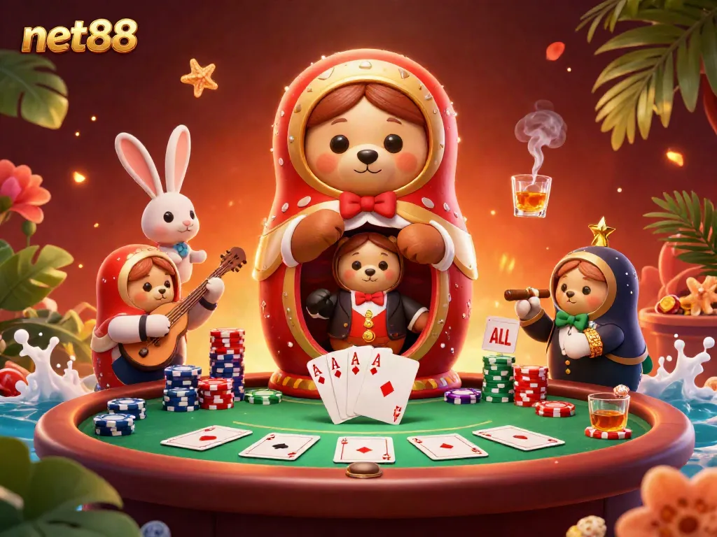 Engage with net88's vibrant casino scene featuring characters in dealer outfits and dynamic poker elements.