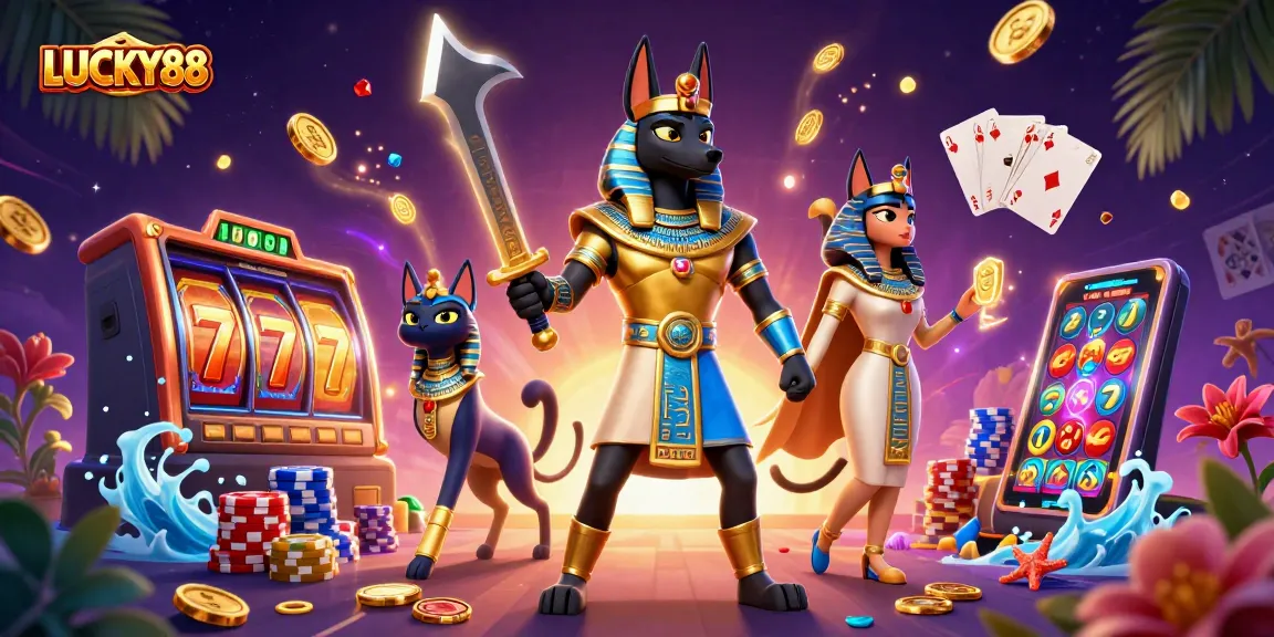 Experience the thrill of LUCKY88 with ancient warriors amidst dazzling casino symbols.