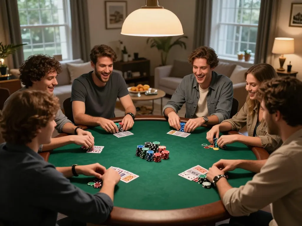 TA88 home poker night with friends competing over stacked chips and cards in warm lighting.