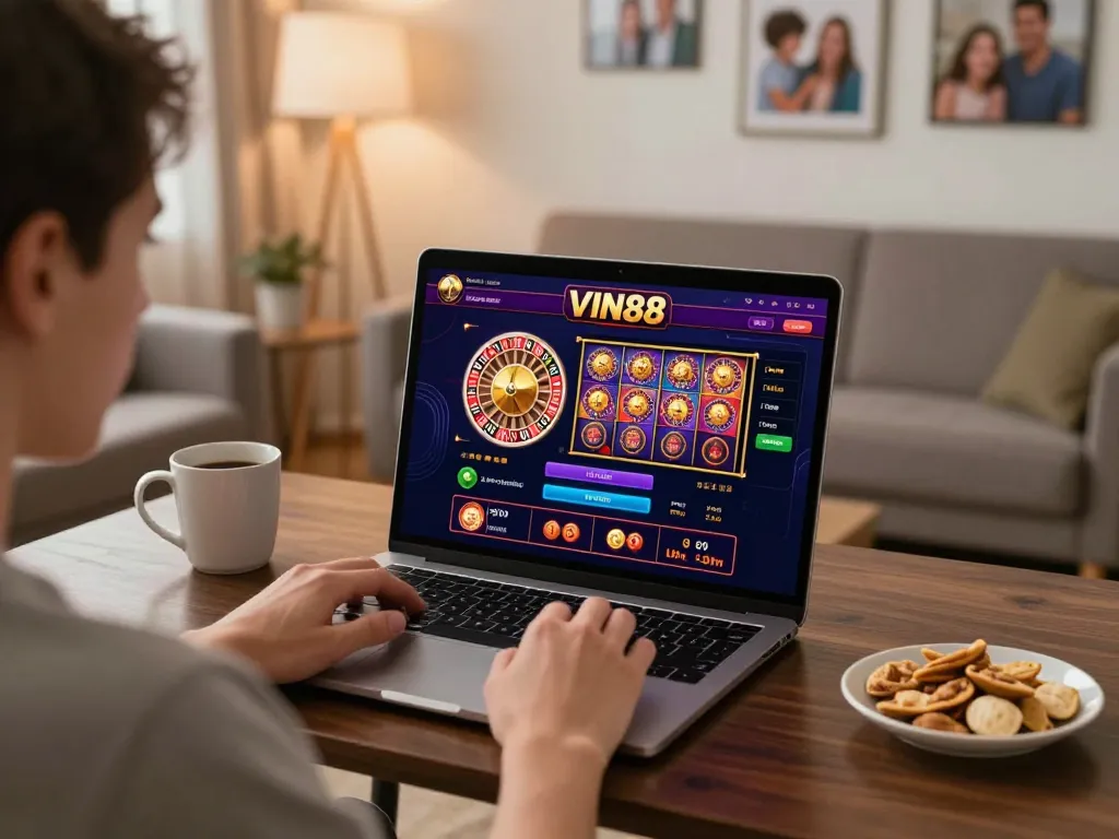 Engaging home gaming scene with a user playing on VIN88 laptop showcasing casino games.