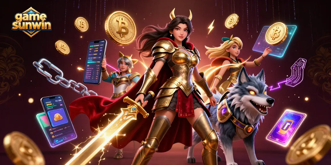 Engage with game sunwin in a vibrant, dynamic 3D scene featuring crypto elements and casino themes.