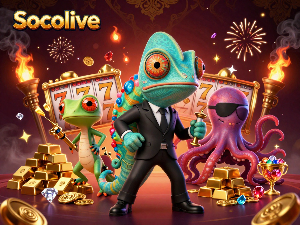 Socolive casino adventure featuring a colorful agent chameleon and golden gadgets amidst spinning slots.
