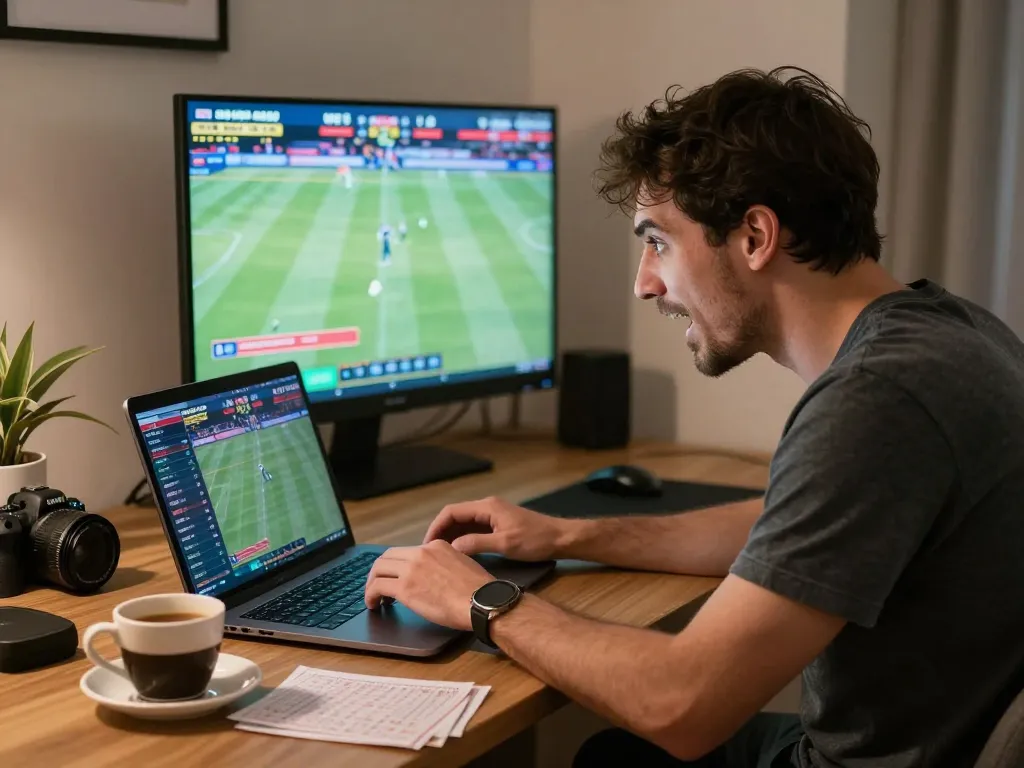 Engaged gambler betting on live sports events via fabet on laptop at home.