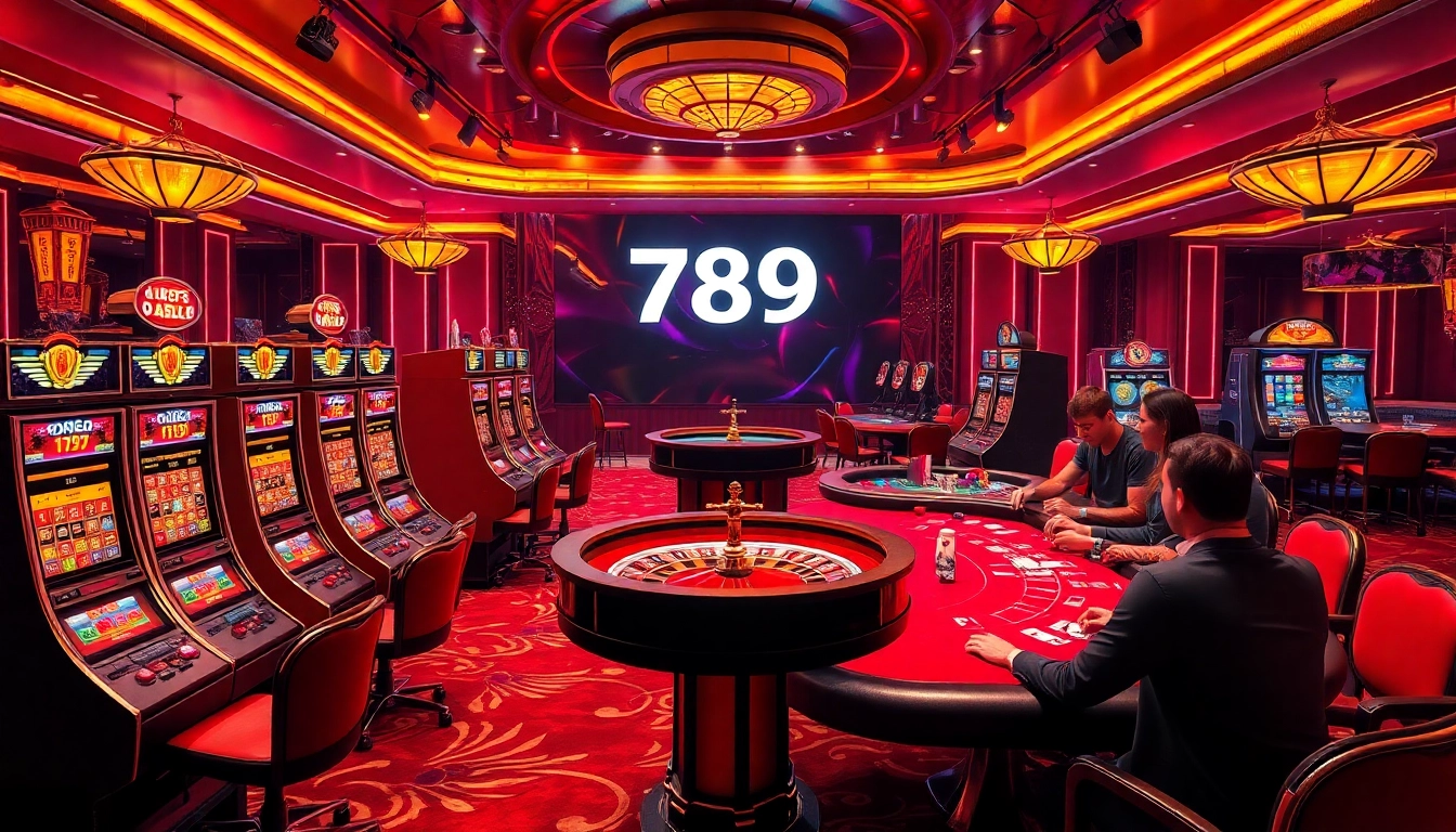 Experience the thrill of 789club with lively players enjoying a game of poker and vibrant slot machines.