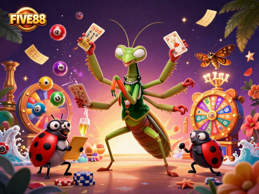 Experience the thrill of FIVE88 with a vibrant casino scene featuring lively characters and dynamic game elements.