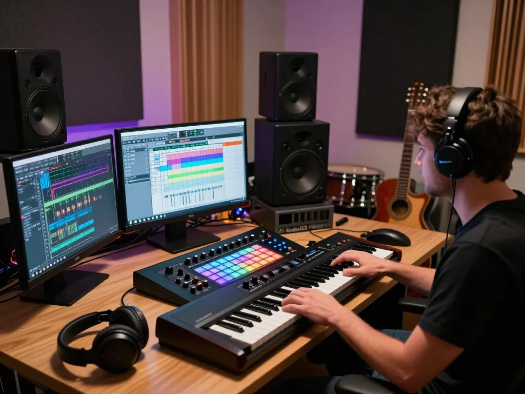 Musician using VK88 organ in a vibrant studio setting while producing music.