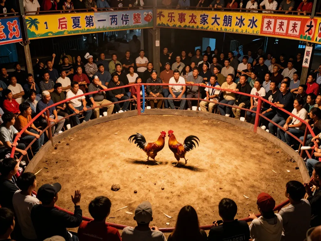 Watch intense đá gà trực tiếp battles unfold in a lively arena setting with engaged spectators.