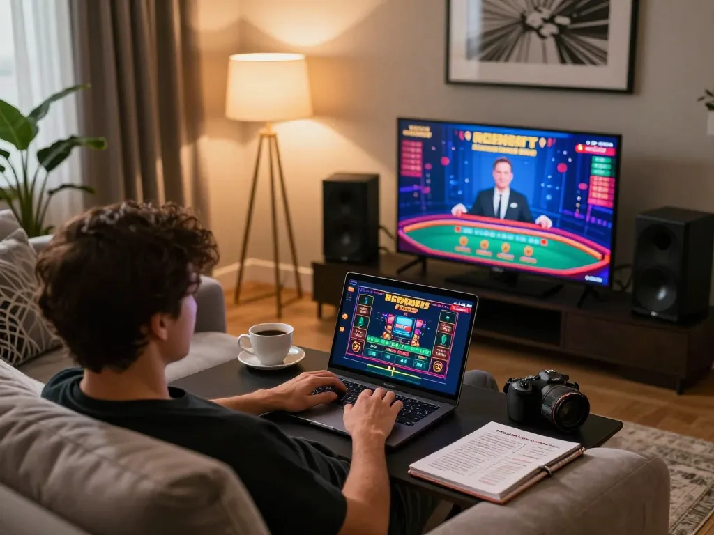Player enjoying live dealer games at xx88 with strategic notes in an inviting home environment