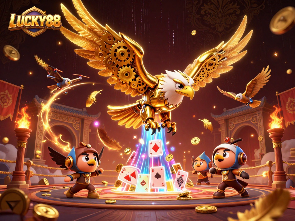 Experience winning with LUCKY88, as a cybernetic eagle dives through shimmering holographic cards.