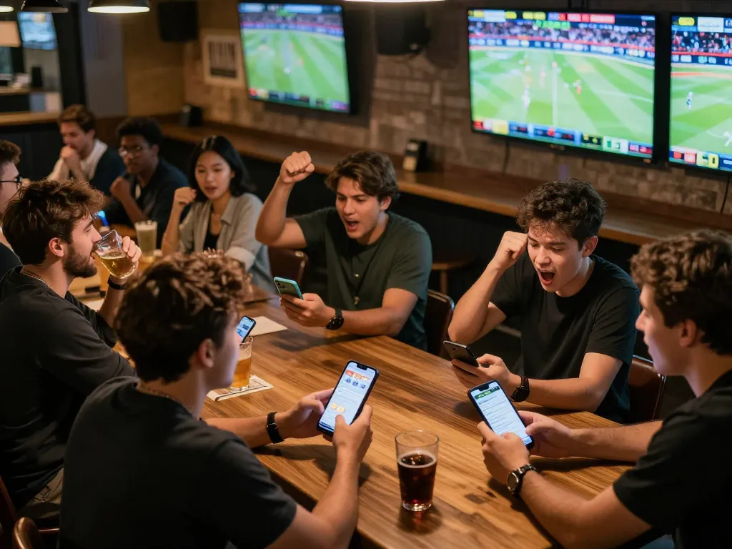 Exciting moment in ku88 sports betting scene with friends placing live bets at a sports bar