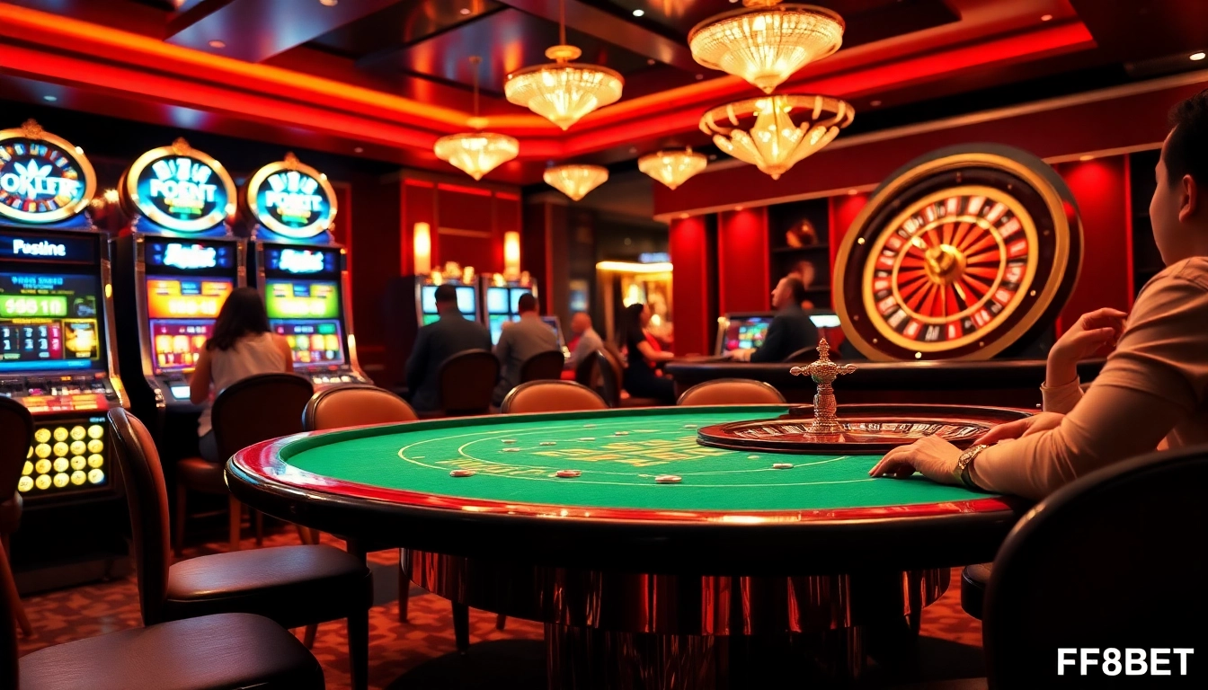 Excited players enjoying vibrant poker games in a luxurious F8BET casino scene.